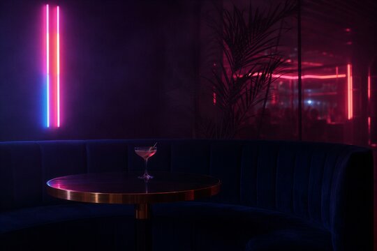 Martini glass on table in dark bar with neon light. Modern nightclub interior design for night party. Atmospheric lounge cafe with velvet sofa and moody glowing tubes background.