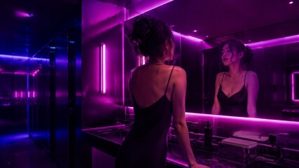Obraz premium Woman looking at herself in the mirror inside a modern bathroom with vibrant purple neon lighting. Fashionable girl reflecting in a dark restroom interior.