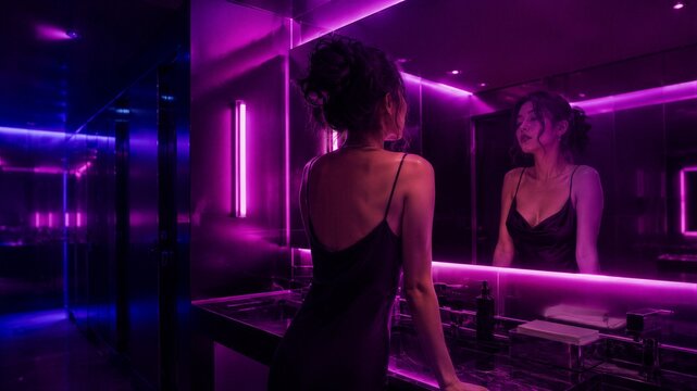 Woman looking at herself in the mirror inside a modern bathroom with vibrant purple neon lighting. Fashionable girl reflecting in a dark restroom interior.