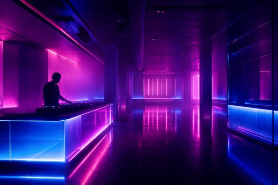 Man DJ performing in empty nightclub with vibrant neon purple and blue lighting. Silhouette of disc jockey at mixing console.