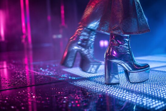 Woman wearing silver platform boots dancing on a glowing LED dance floor. Nightclub atmosphere with disco lights.