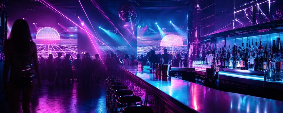 People dancing in night club with disco ball and laser light. Silhouettes of DJ party crowd at counter with neon lighting. Electronic dance music event and nightlife celebration.