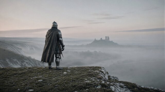 Knight standing on a cliff edge looking at a faraway castle in the mist. Medieval warrior in armor watching ancient fortress. Historical fantasy landscape with mystery and explorat