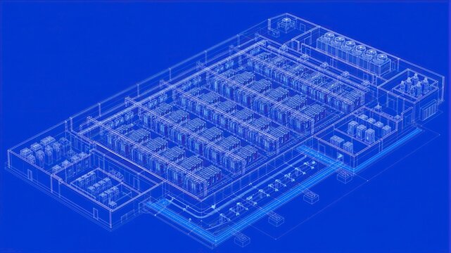Data center blueprint with isometric server rack architecture. Digital infrastructure plan for cloud computing and hyperscale facility design. Technical engineering wireframe conce
