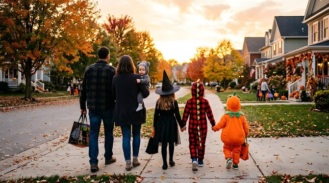 Family trick or treating at dusk a heartwarming halloween scene in a suburban neighborhood