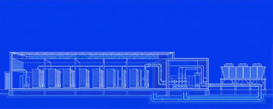 Technical cross section blueprint of data center cooling system. Server room rack infrastructure with industrial chiller unit. Engineering diagram for facility maintenance and desi