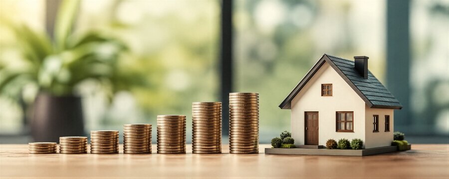 Miniature house model with rising stacks of gold coins on table. Real estate investment concept. Property value growth and financial savings for mortgage or home purchase planning.