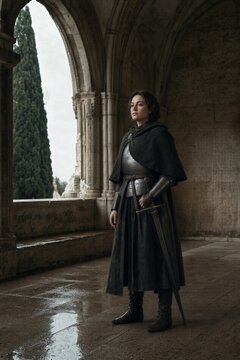 Woman knight in medieval plate armor and cloak standing in ancient cloister. Heroic warrior holding sword. Historical fantasy character in stone architecture. Serious guardian conc