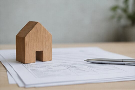Wooden house model standing on legal contract document with metal pen. Real estate purchase agreement or property insurance policy.