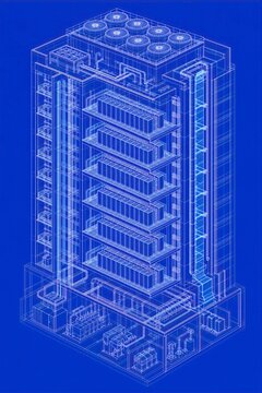 Data center blueprint with multiple levels of server racks. Technical drawing of a modern server building design. Infrastructure engineering, cloud computing and digital network co