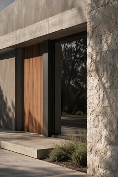 Modern residential building entrance with wooden door and stone wall. Luxury architectural exterior design featuring minimalist concrete facade.