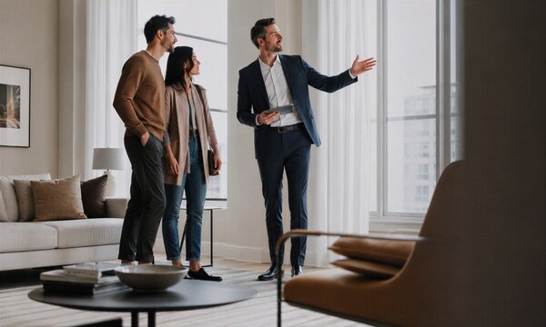 Real estate agent showing a modern apartment to a young couple. Realtor presents luxury home interior and view to client.
