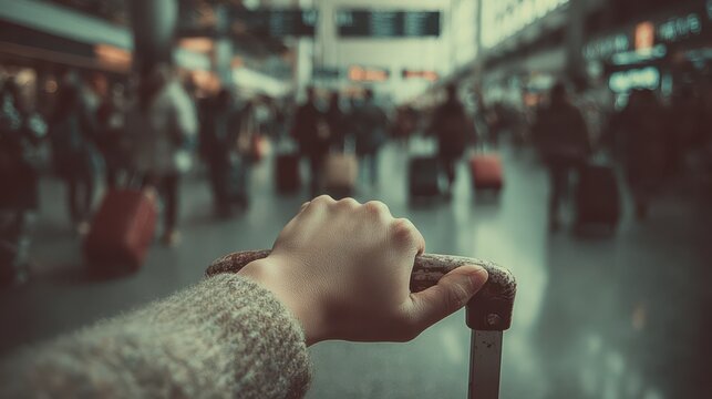Solo traveler's hand on suitcase in a blurry airport hall POV