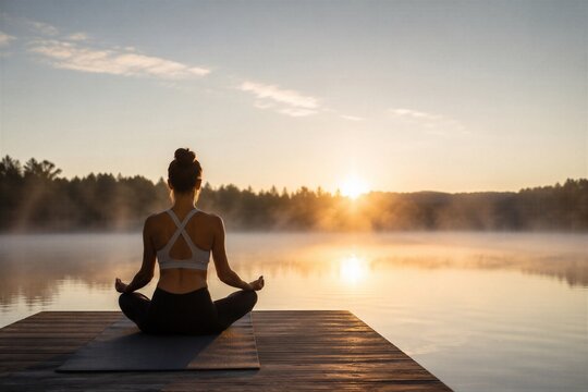 Woman meditating on wooden pier at lake during sunrise. Girl practicing yoga exercise in nature for mindfulness and spiritual harmony.