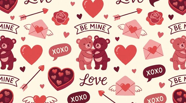 Valentinstag Muster mit Teddyb&auml;ren und Herzen, romantisches nahtloses Design mit Liebesbriefen und Rosen, s&uuml;&szlig;er Hintergrund f&uuml;r Geschenkpapier und Gru&szlig;karten, rote und rosa Illustrationen