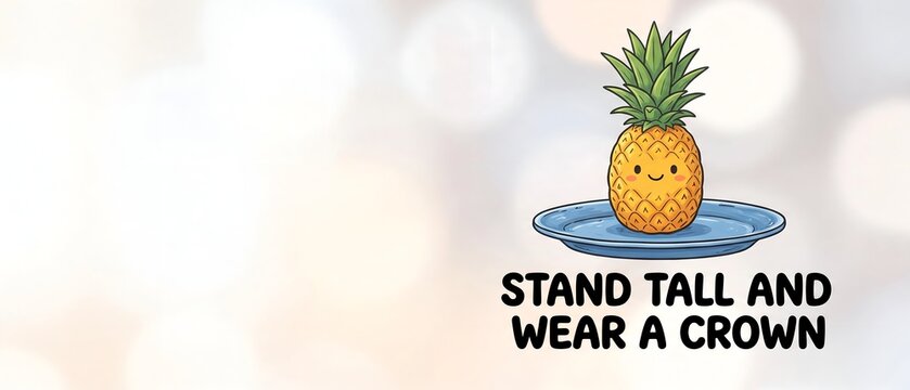 Cute anthropomorphic pineapple character with a happy smiling face sitting on a blue plate, playful kawaii digital illustration with motivational text on a soft light background.