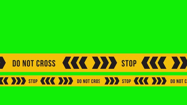 Yellow and black caution tape with do not cross and stop messages on green screen background.