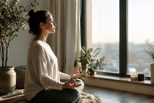 Woman meditating in lotus pose by bright window. Calm girl practicing yoga at home. Mindful breathing, relaxation and mental health exercise for stress relief.