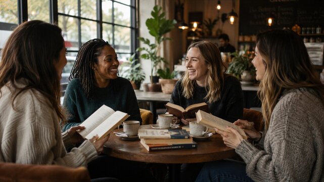 Group of woman friends reading book together in cafe. Diverse ladies talking and laughing while holding open novel at table.