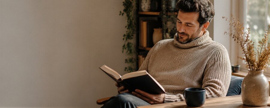 Man reading book at home. Relaxed male student in cozy turtleneck sweater holding novel.