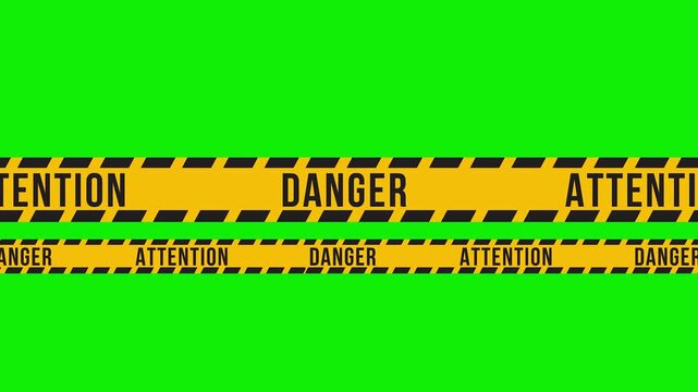 Yellow caution tape with attention and danger text on green screen background.