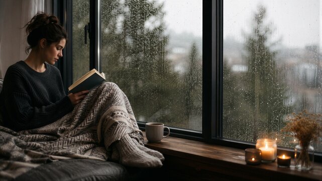 Woman reading book while sitting by window on rainy day. Cozy home atmosphere with blanket, coffee cup, and candles.