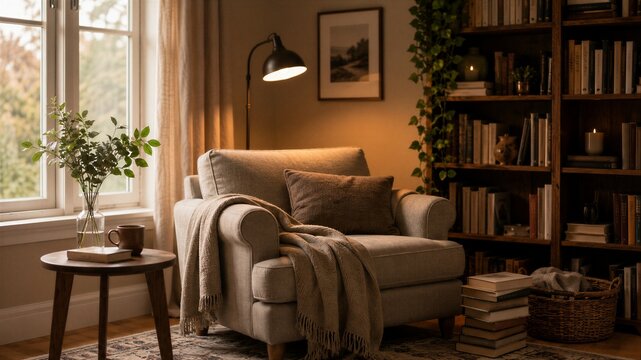 Cozy reading nook with armchair, blanket and wooden bookshelf. Comfortable living room interior design with domestic plant and warm lamp light. Relaxation, home library and hobby.