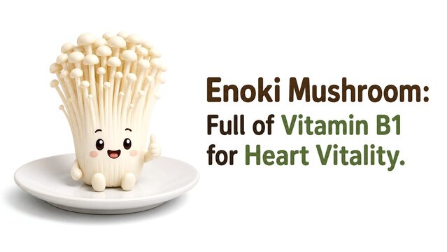 Cute 3D character based on an enoki mushroom sitting on a white plate with an infographic about vitamin B1 and heart vitality for a friendly approach to nutrition and health.