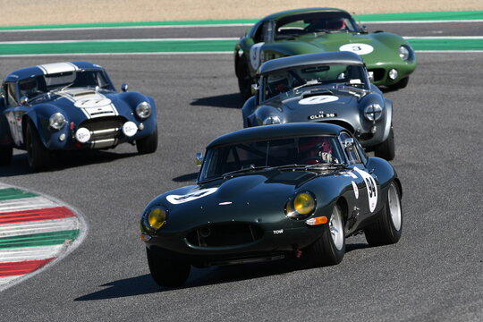 Scarperia, Italy - April 5th 2024: Jaguar E-Type 3.8 1962 drive by unknown in action during Mugello Classic 2024 at Mugello Circuit in Italy.