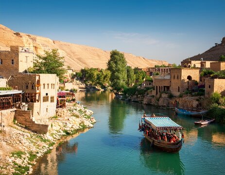 traditional village beside the euphrates river with local activities