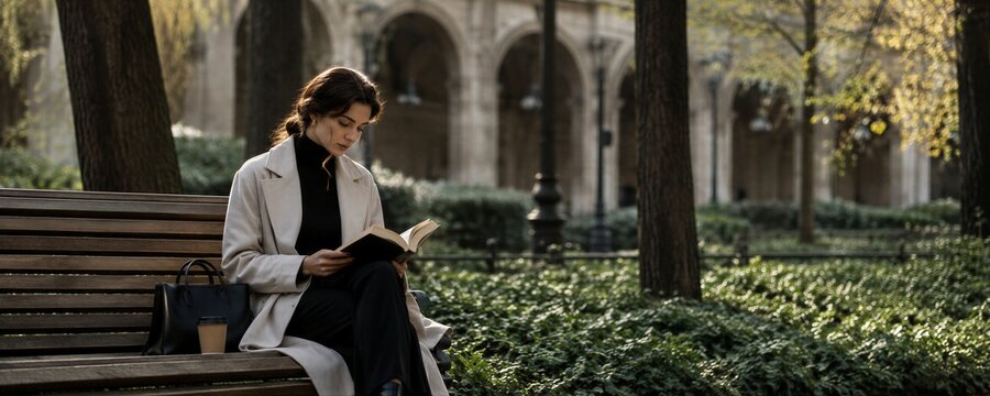 Woman reading a book while sitting on a park bench. Leisure time in city garden with elegant autumn coat. Relaxed lifestyle and urban education concept during sunny fall day.