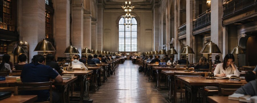 Students studying at wooden tables in a historic public library. Men and women reading books under vintage lamps. Academic research, education and knowledge acquisition concept.