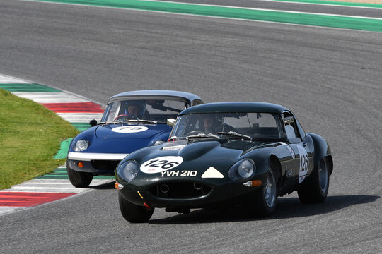 Scarperia, Italy - April 5th 2024: Jaguar E-Type Lightweight 1965 drive by unknown in action during Mugello Classic 2024 at Mugello Circuit in Italy.