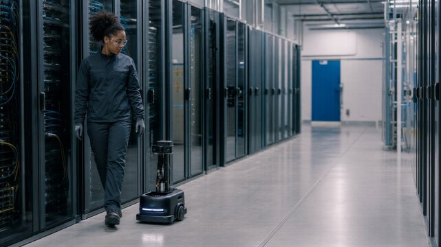 African american woman engineer supervising autonomous mobile inspection robot in data center. Advanced smart server room maintenance and industrial automation technology concept.