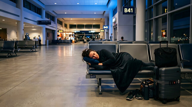 Tired traveler sleeping on airport lounge seats during night with traveler passenger terminal exhausted sleeping suitcases exhaustion