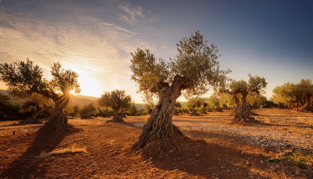 twisted olive trees survive in a dry landscape under golden evening light in a mediterranean grove