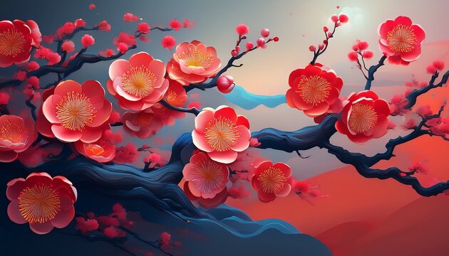 serene red plum blossom flower branch with asian aesthetic style