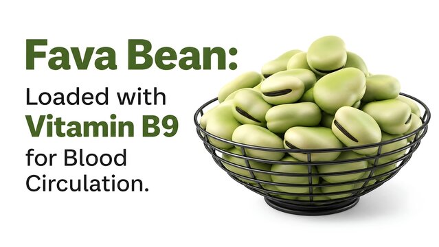 Pile of fresh green fava beans in a black wire basket isolated on white background, with descriptive text about Vitamin B9 and its role in supporting healthy blood circulation in the body.