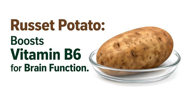 Single russet potato resting in a clear glass dish on a white background, featuring a text caption about Vitamin B6 and its essential role in boosting brain function and cognitive health.