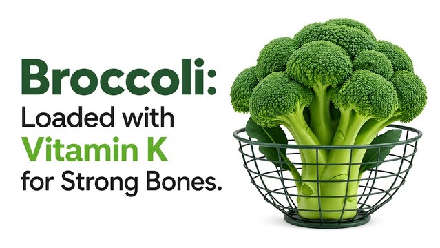 Fresh green broccoli florets in a black metal wire basket with nutritional text highlighting Vitamin K for strong bones, isolated on a white background for health and wellness themes.