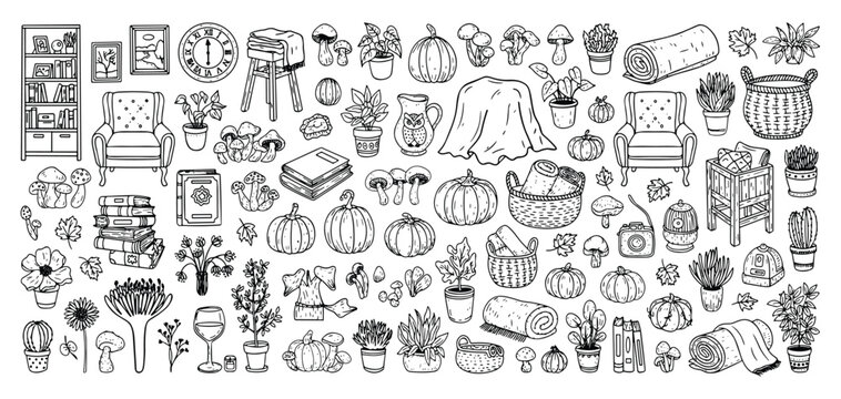 Cozy autumn and home decor doodle elements featuring pumpkins mushrooms plants books and furniture for seasonal lifestyle illustrations