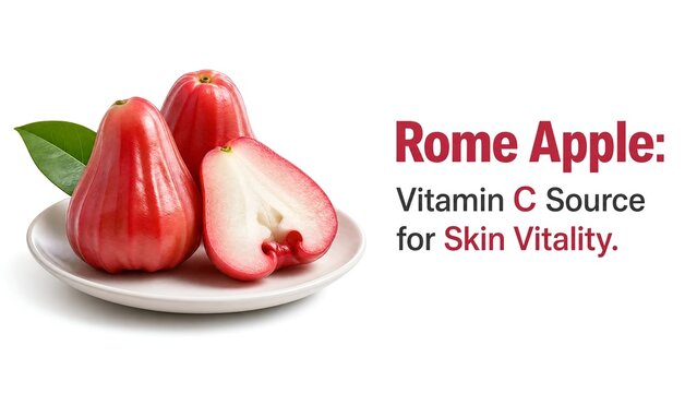 Fresh red wax apples on a white plate with one fruit sliced in half to show the white interior flesh, presented against a clean white background for health and nutrition concepts.