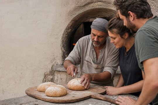 Baker teaching woman and man how to cut freshly baked sourdough bread on wooden peel near stone oven. Traditional artisan bread making process in countryside bakery workshop.