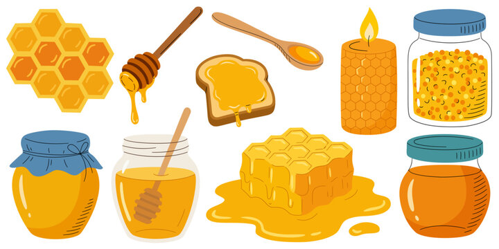 Honey set hand drawn vector illustration with honey jars, honeycombs, honey dipper, beeswax candle, bee pollen, and toast isolated on white background