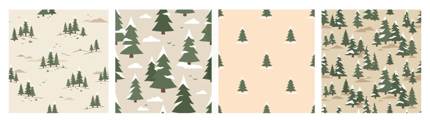 Obraz premium Seamless Winter Forest Patterns with Snow-Covered Pine Trees and Clouds, Nordic Style
