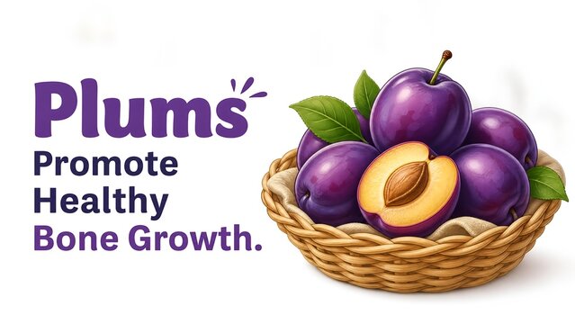 Basket of ripe purple plums including one sliced half showing the pit with informational text about healthy bone growth isolated on a white background for health and diet