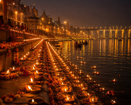 Illuminated ghats with diyas and reflections on the ganges river at dusk