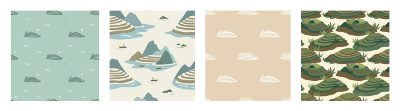 Abstract Pixel Art Patterns: Nature Landscapes, Fish, Mountains, and Stones