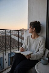 Fototapeta premium Woman sitting on balcony writing in journal at sunset. Inspired lady looking at city view with notebook. Creative writing and reflection, peaceful lifestyle in travel or home setti