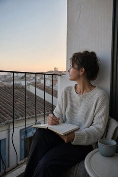 Woman sitting on balcony writing in journal at sunset. Inspired lady looking at city view with notebook. Creative writing and reflection, peaceful lifestyle in travel or home setti